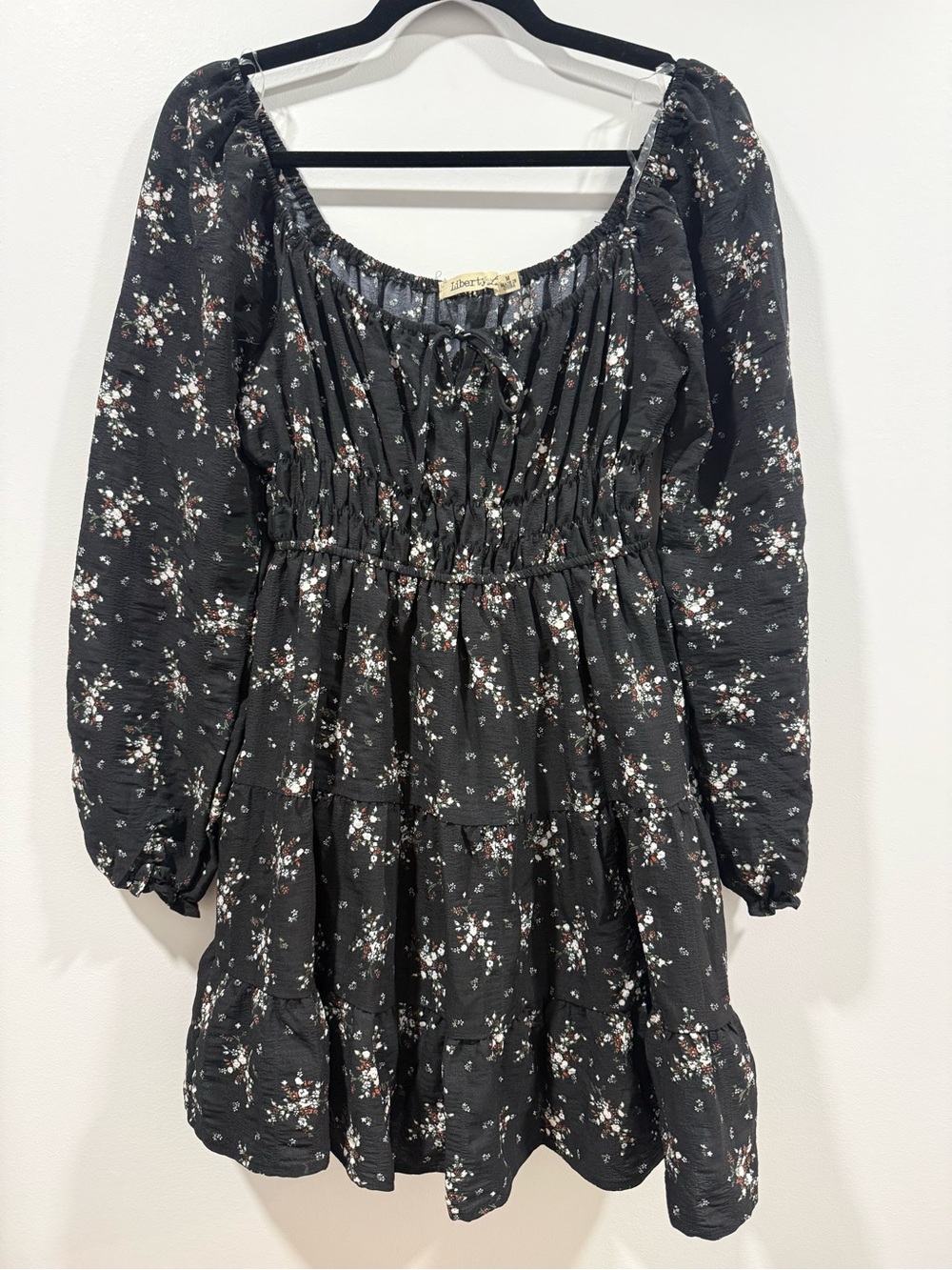 liberty Black Floral Mini Dress with Puff Sleeves size M